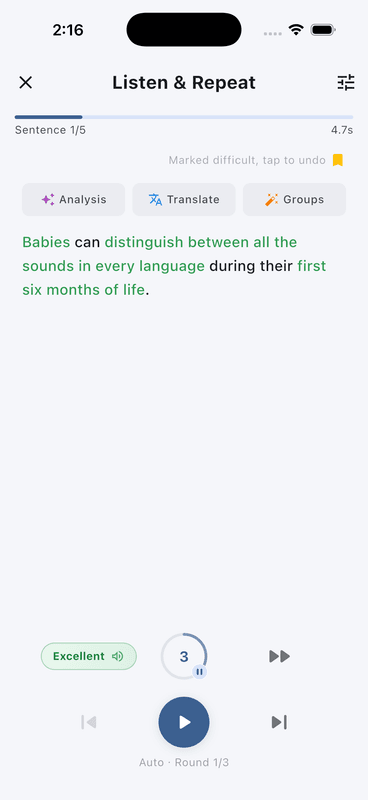 Echo Loop shadowing - sense groups, translation, and AI scoring