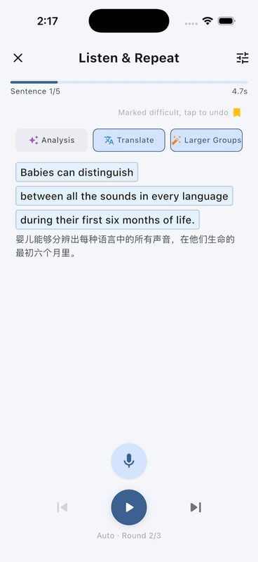 Echo Loop shadowing - sense groups, translation, and AI scoring